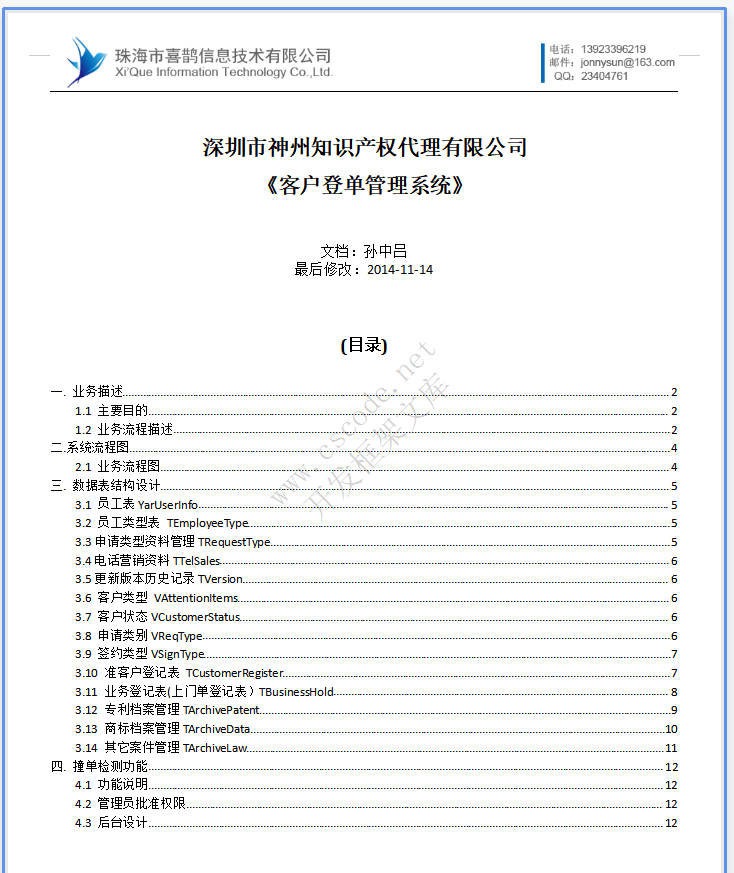 知识产权客户登单管理系统－系统详细设计说明书