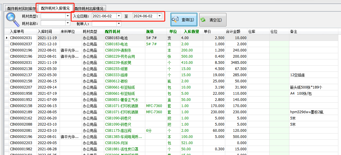 毛衫行业ERP系统用户操作手册 - 配件耗材库存情况查询